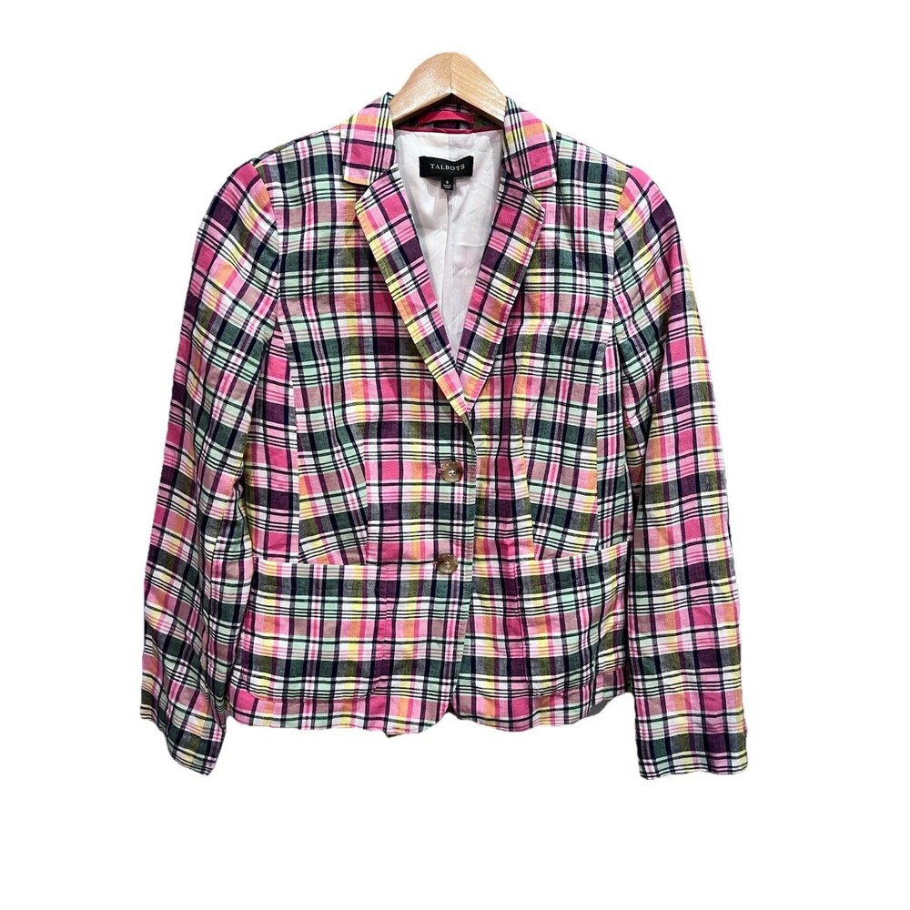 Talbots Women Pink Plaid Blazer Jacket Linen Cotton Collared Button Pockets Sz 6